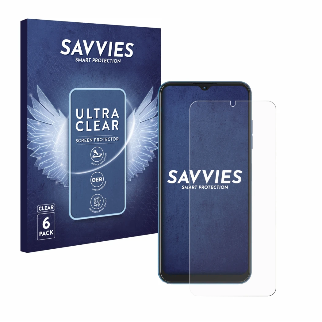 Front side of a product packaging with the brand logo Savvies. Next to it is the device Hotwav Note 13 shown with the correspo