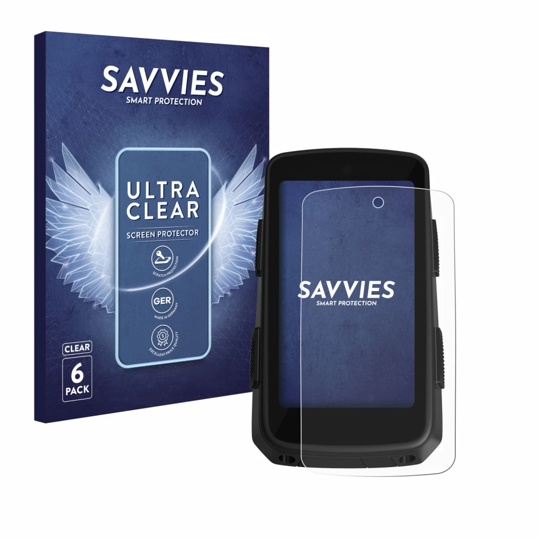 Front side of a product packaging with the brand logo Savvies. Next to it is the device Hammerhead Karoo 3 shown with the corr