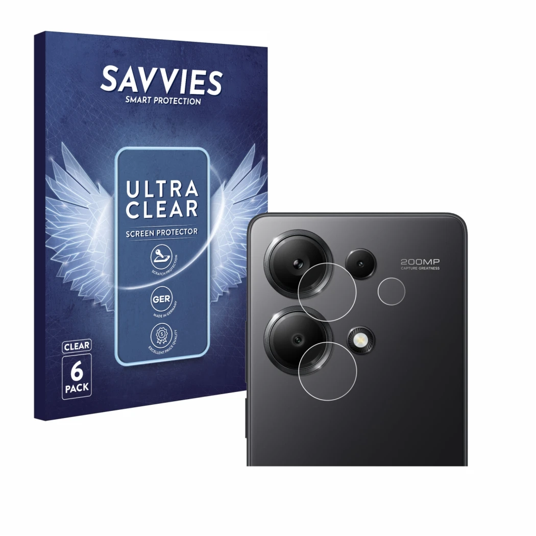 Front side of a product packaging with the brand logo Savvies. Next to it is the device Xiaomi Redmi Note 13 Pro 4G (ONLY Came