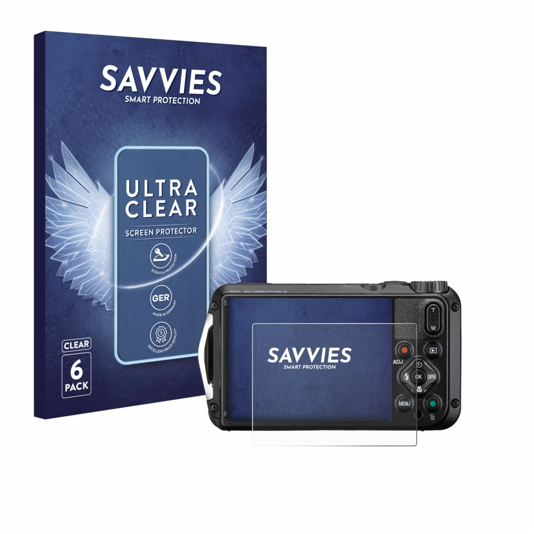 Front side of a product packaging with the brand logo Savvies. Next to it is the device Ricoh Pentax WG-8 shown with the corre