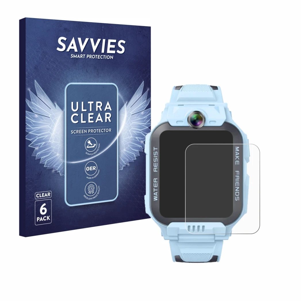 Front side of a product packaging with the brand logo Savvies. Next to it is the device Imoo Watch Phone Z7 shown with the cor