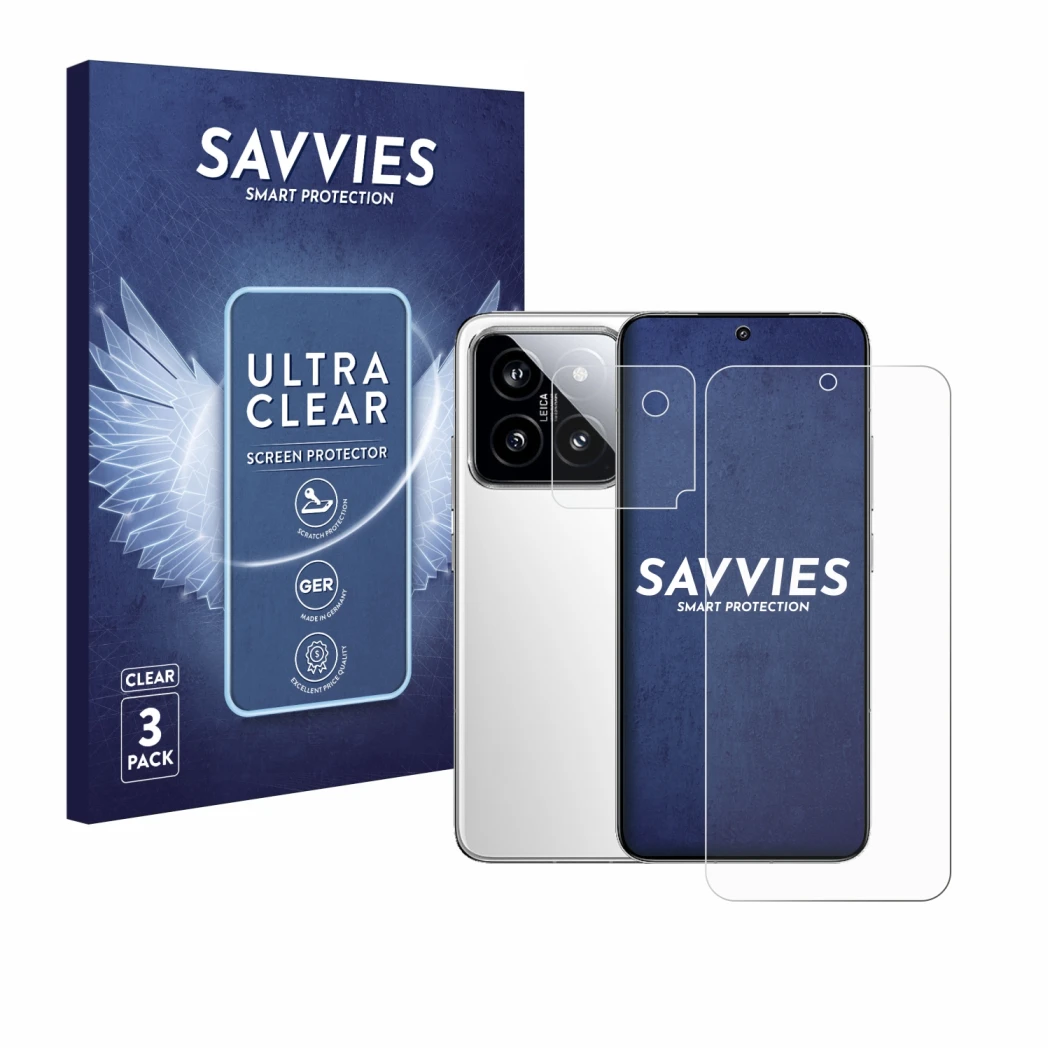Front side of a product packaging with the brand logo Savvies. Next to it is the device Xiaomi 14 (Front+Camera) shown with th
