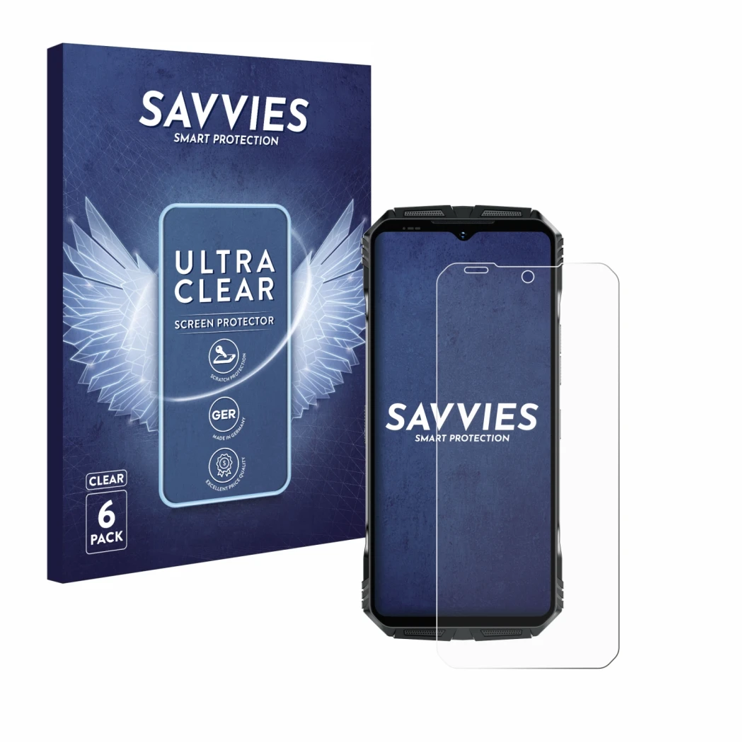 Front side of a product packaging with the brand logo Savvies. Next to it is the device Doogee S118 shown with the correspondi