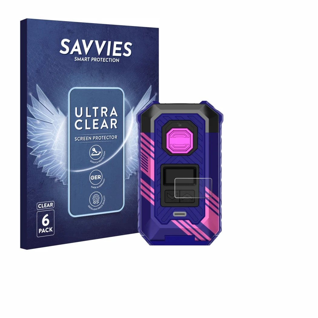 Front side of a product packaging with the brand logo Savvies. Next to it is the device Vaporesso Armour Max shown with the co