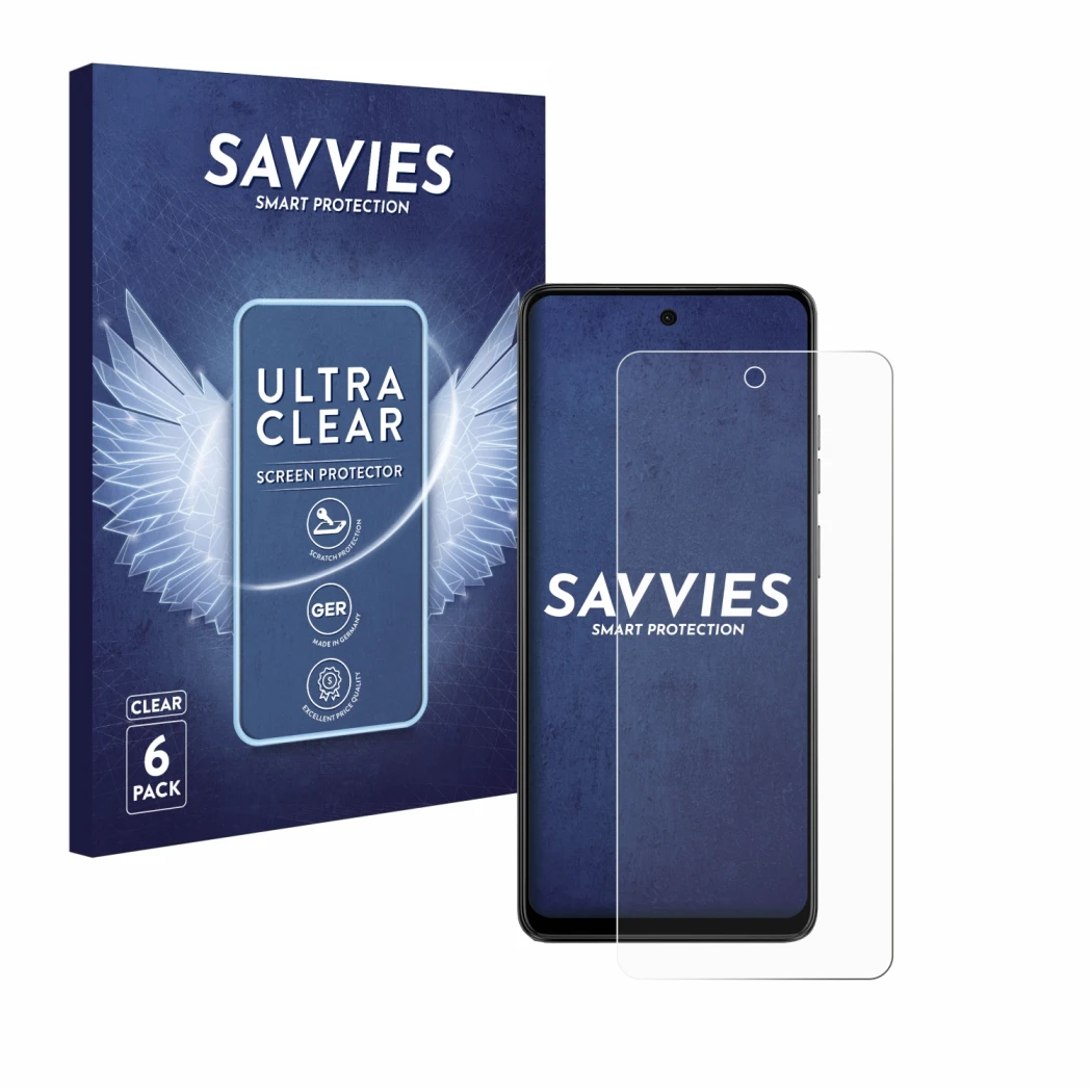 Front side of a product packaging with the brand logo Savvies. Next to it is the device Motorola Moto E14 shown with the corre