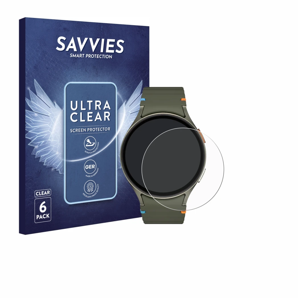 Front side of a product packaging with the brand logo Savvies. Next to it is the device Samsung Galaxy Watch 7 (44 mm) shown w