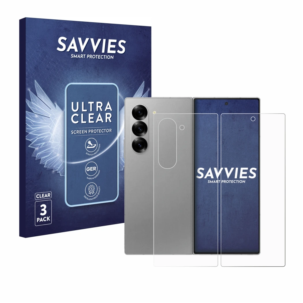 Front side of a product packaging with the brand logo Savvies. Next to it is the device Samsung Galaxy Z Fold 6 5G (Front+Back