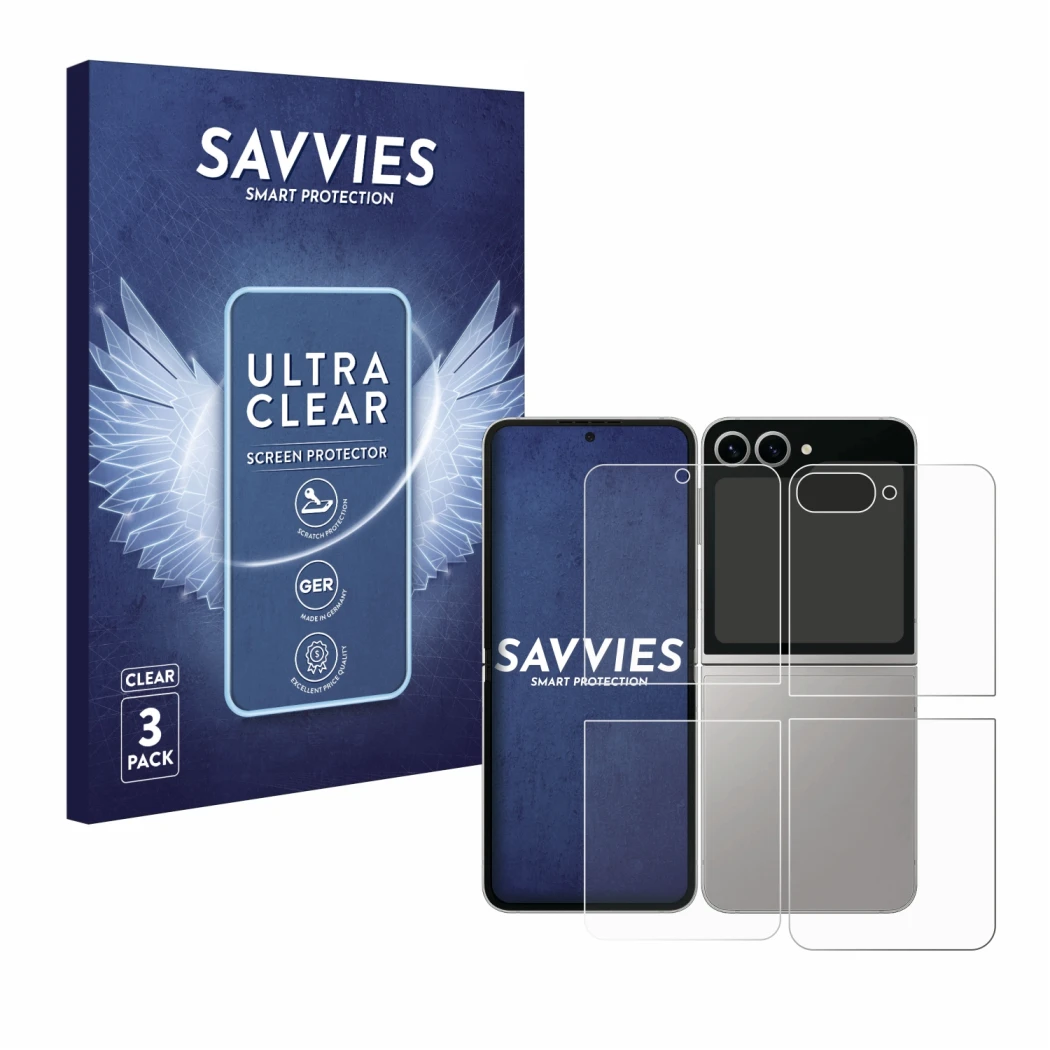 Front side of a product packaging with the brand logo Savvies. Next to it is the device Samsung Galaxy Z Flip 6 (Front+Back) s