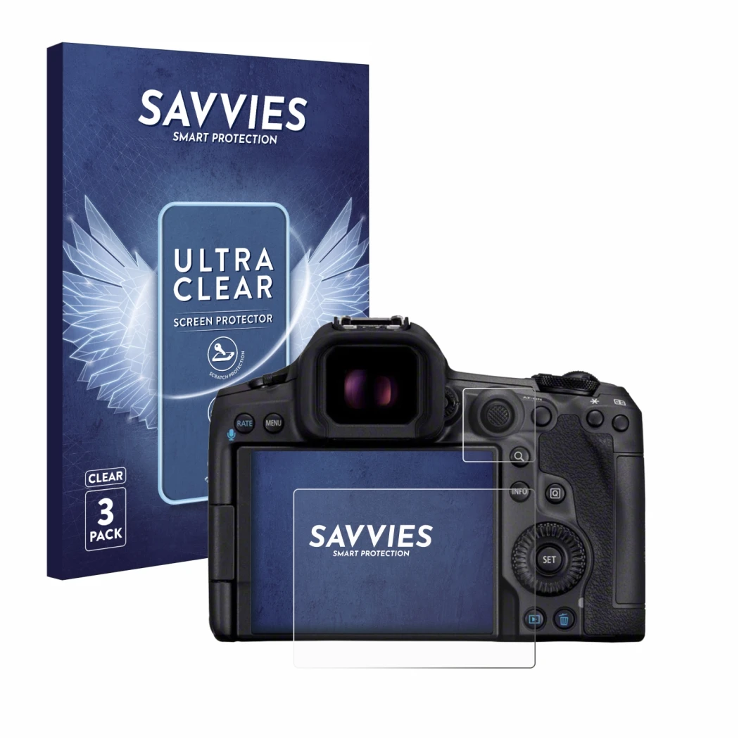 Front side of a product packaging with the brand logo Savvies. Next to it is the device Canon EOS R5 Mark II shown with the co