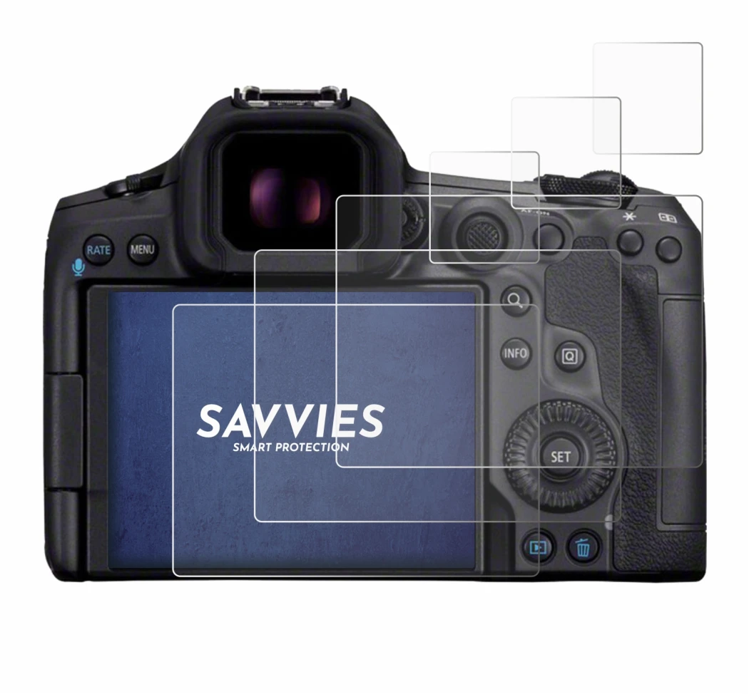 Image of the device Canon EOS R5 Mark II with a wide variety of screen protectors.