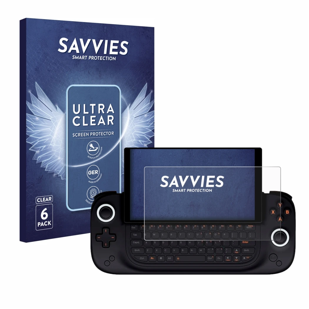 Front side of a product packaging with the brand logo Savvies. Next to it is the device Ayaneo Slide shown with the correspond