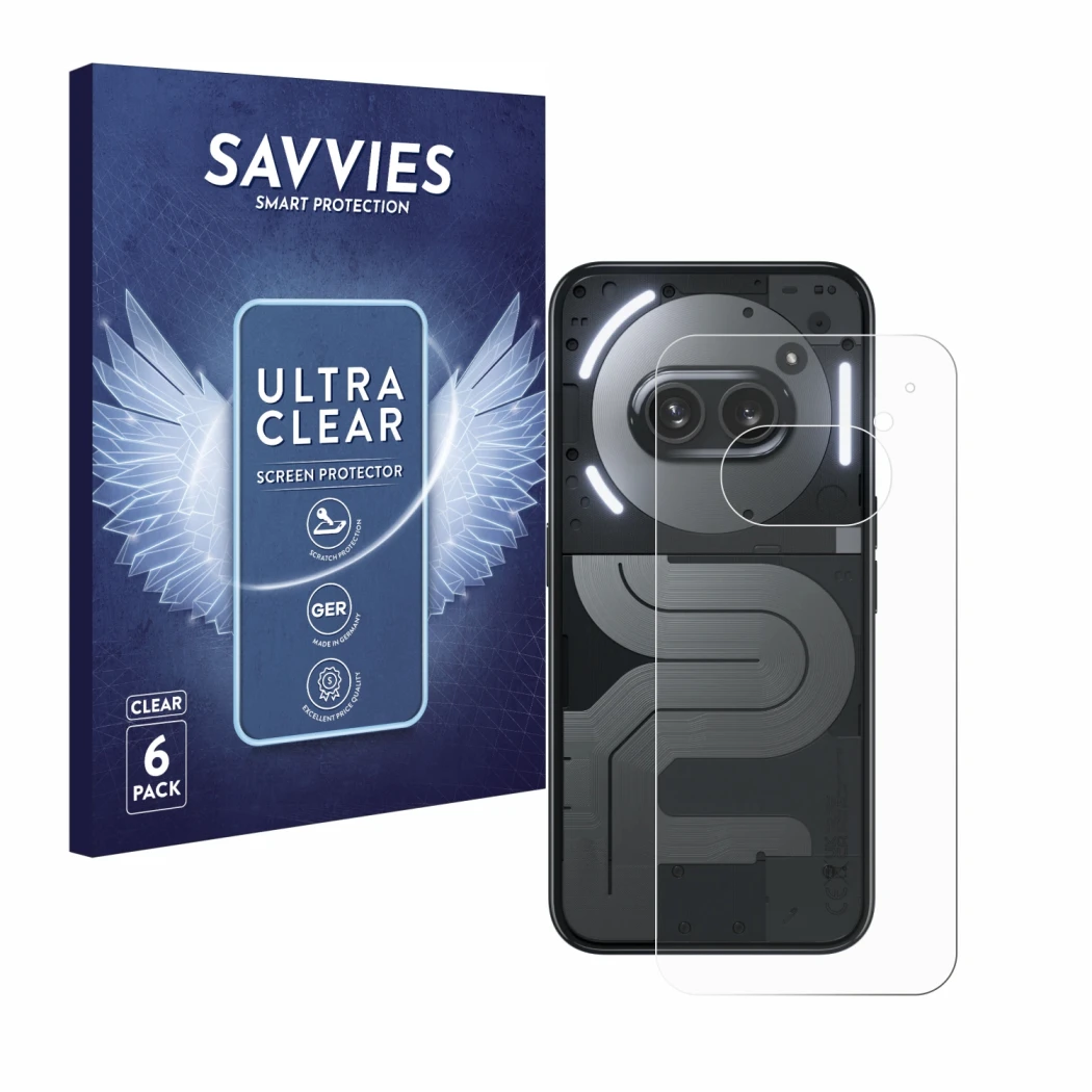 Front side of a product packaging with the brand logo Savvies. Next to it is the device Nothing Phone (2a) Plus (Back) shown w