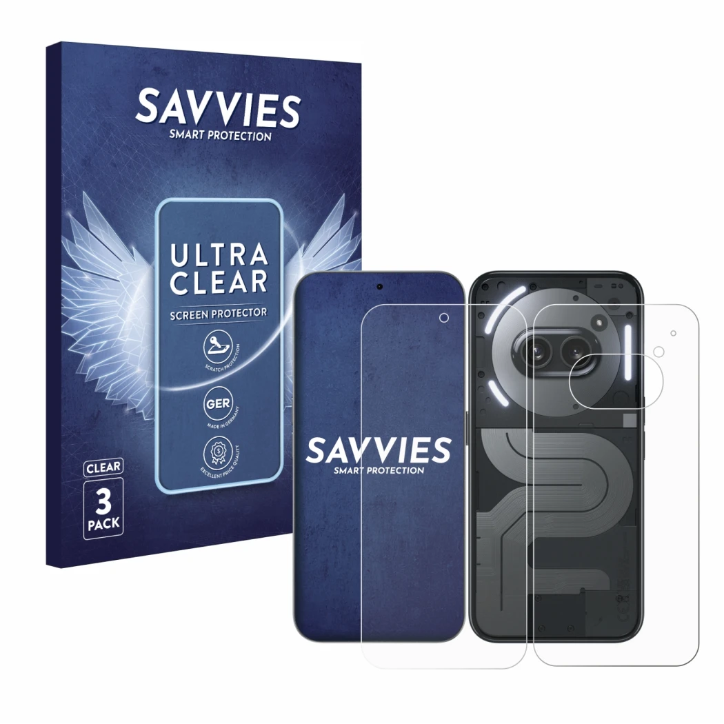 Front side of a product packaging with the brand logo Savvies. Next to it is the device Nothing Phone (2a) Plus (Front+Back) s