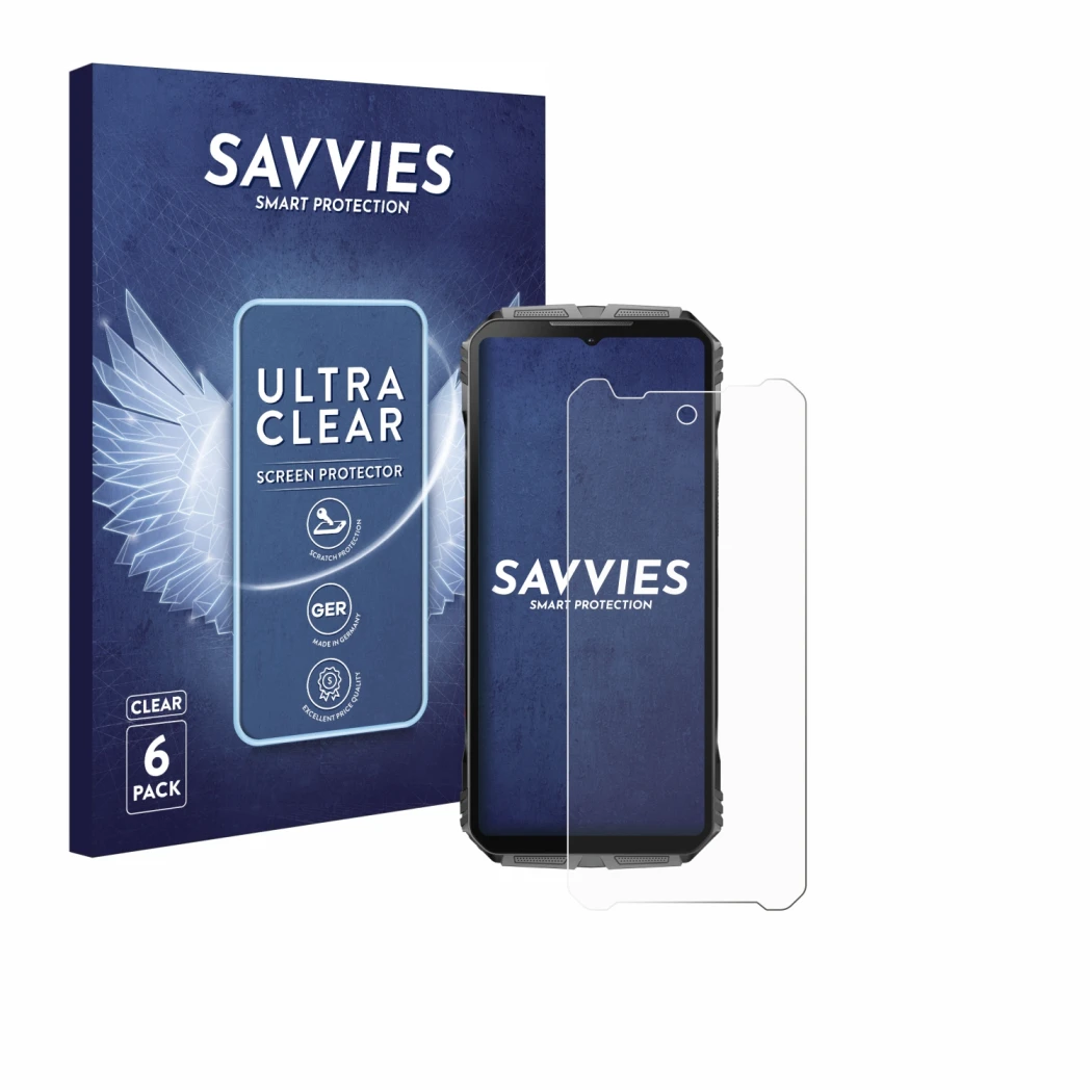 Front side of a product packaging with the brand logo Savvies. Next to it is the device Doogee V40 Pro shown with the correspo
