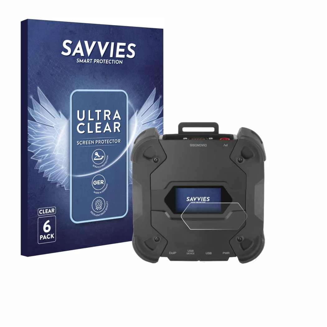 Front side of a product packaging with the brand logo Savvies. Next to it is the device Texa TXT MULTIHUB shown with the corre