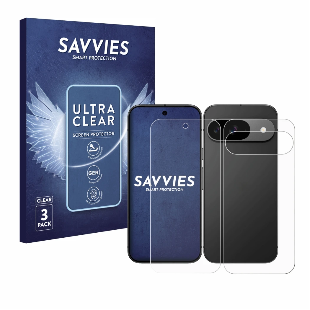 Front side of a product packaging with the brand logo Savvies. Next to it is the device Google Pixel 9 (Front+Back) shown with