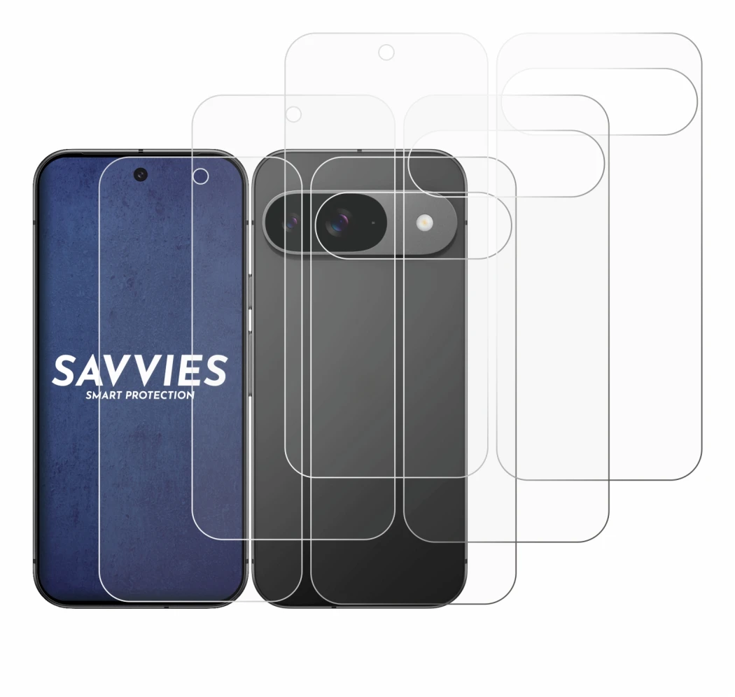 Image of the device Google Pixel 9 (Front+Back) with a wide variety of screen protectors.