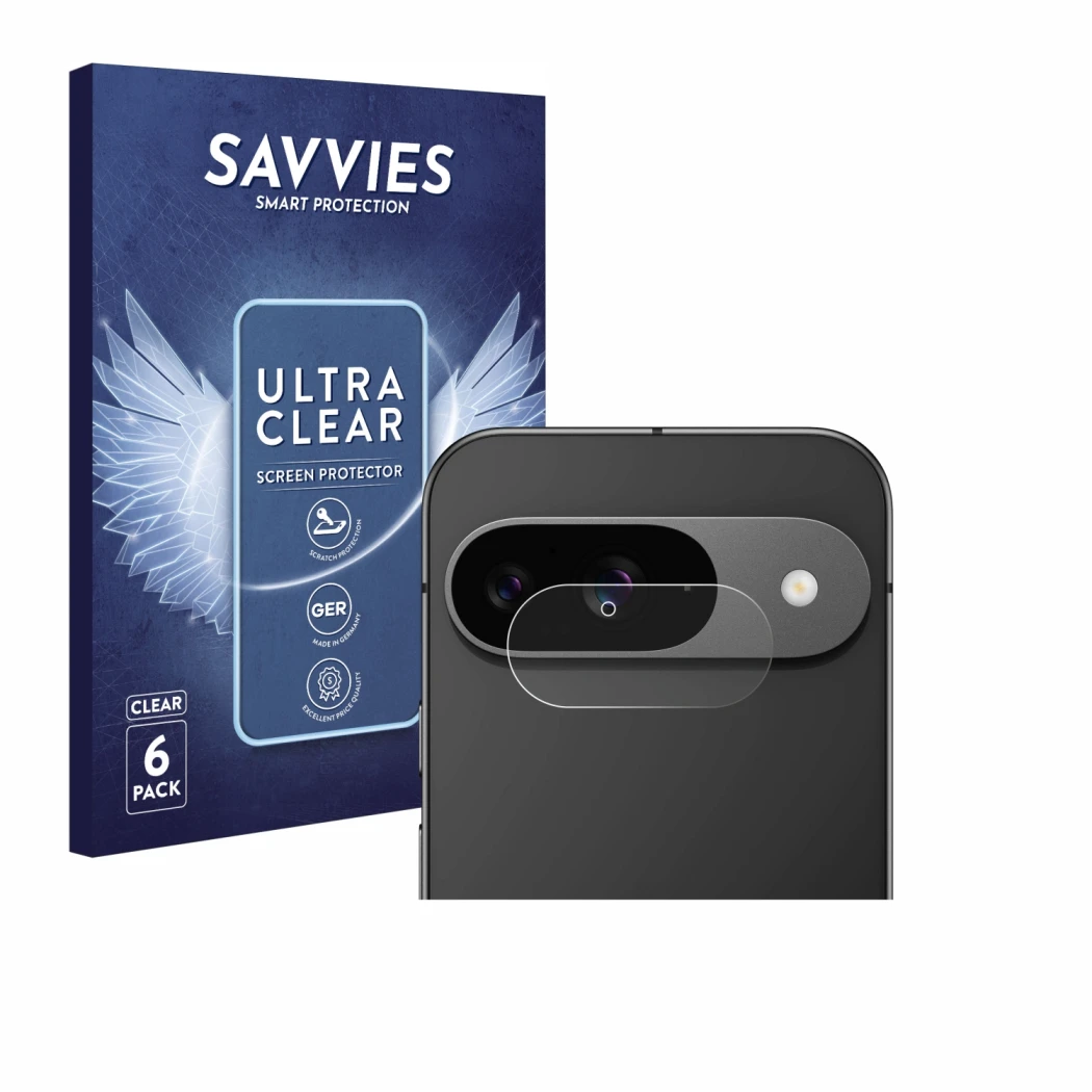 Front side of a product packaging with the brand logo Savvies. Next to it is the device Google Pixel 9 (ONLY Camera Lens) show
