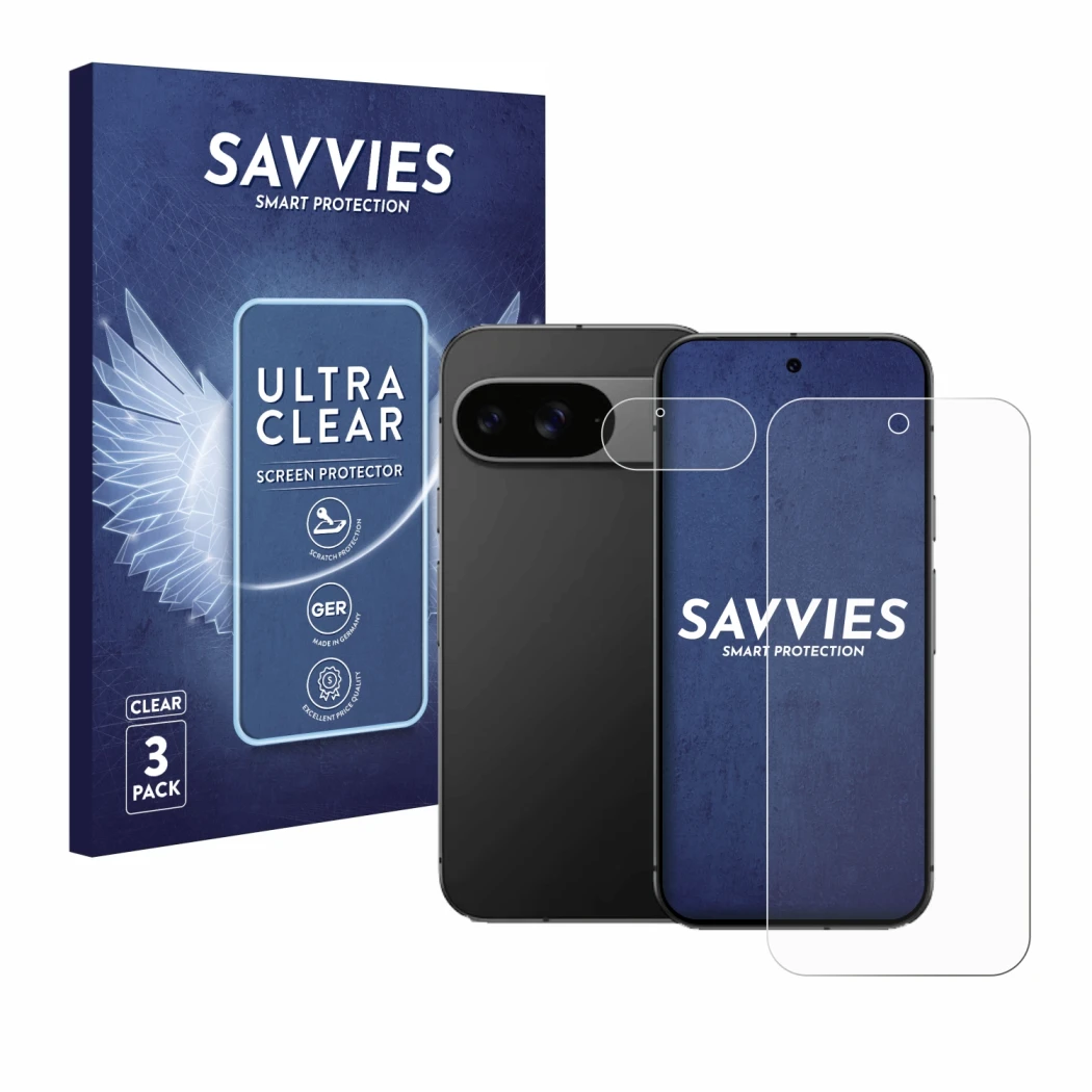 Front side of a product packaging with the brand logo Savvies. Next to it is the device Google Pixel 9 (Front+Camera) shown wi