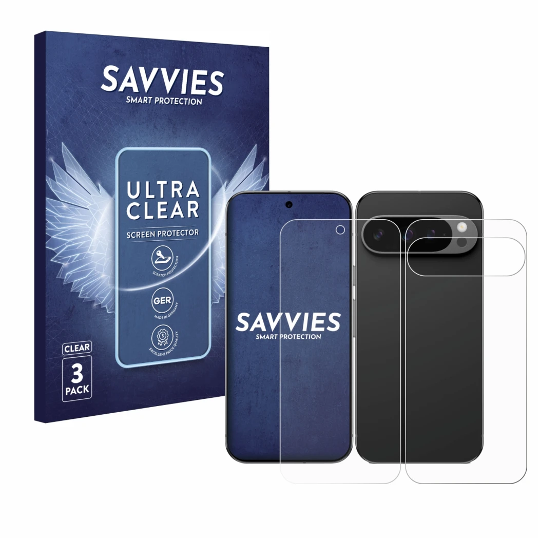 Front side of a product packaging with the brand logo Savvies. Next to it is the device Google Pixel 9 Pro XL (Front+Back) sho