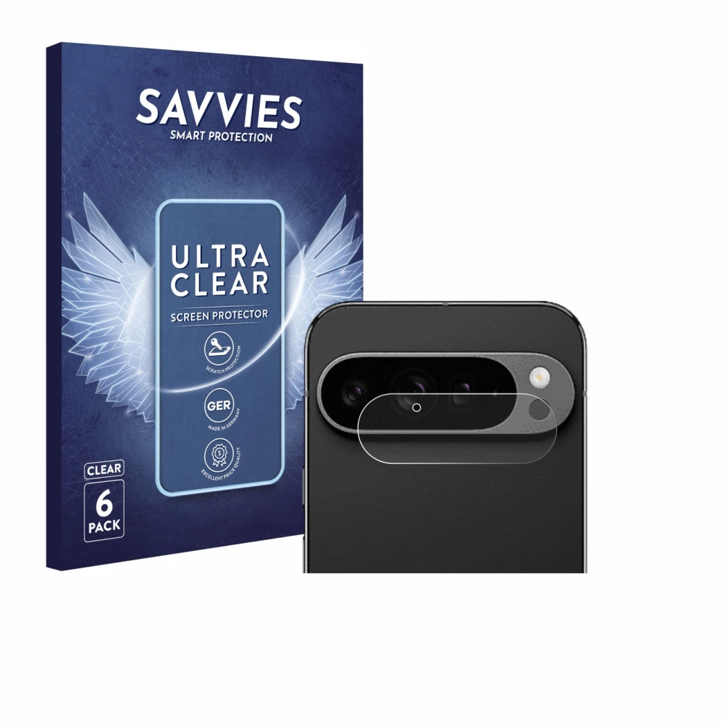 Front side of a product packaging with the brand logo Savvies. Next to it is the device Google Pixel 9 Pro XL (ONLY Camera Len