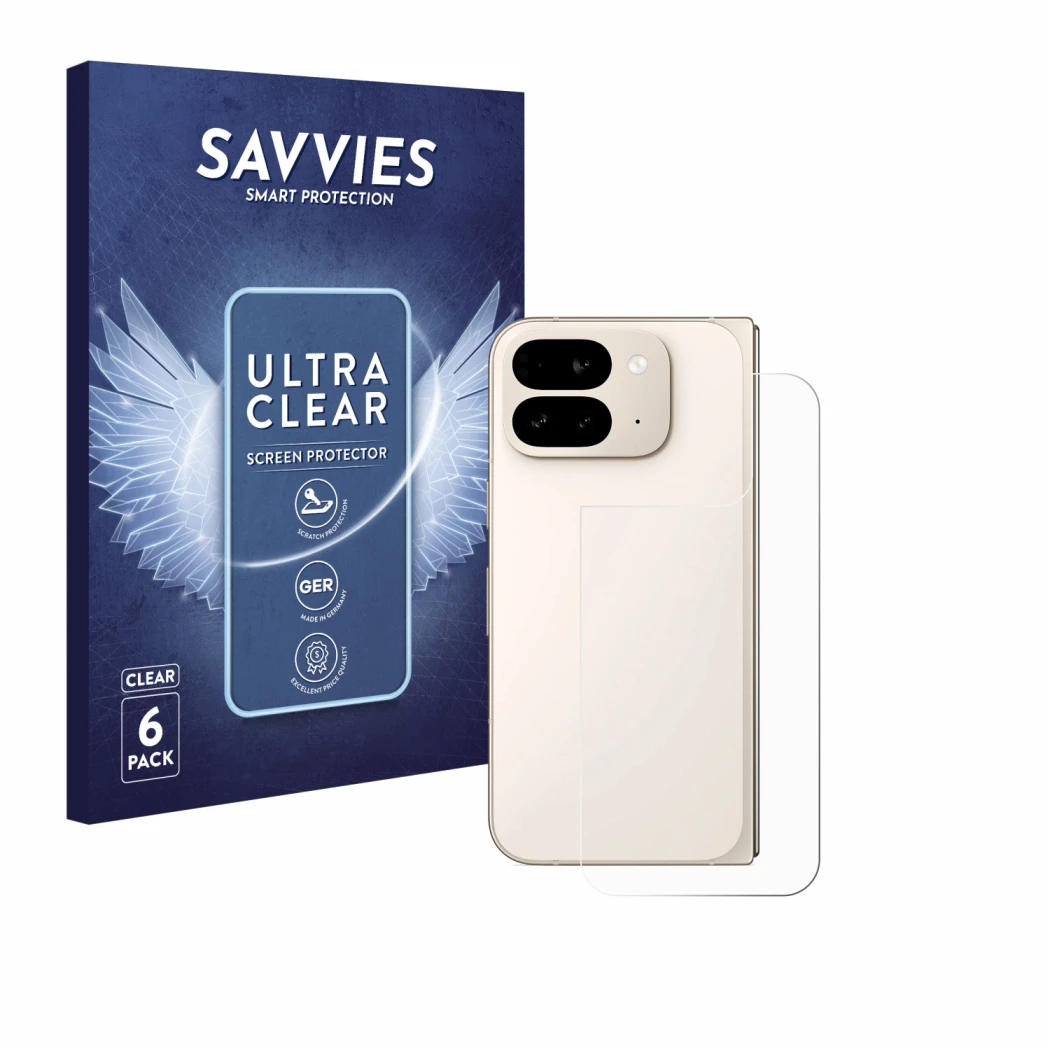 Front side of a product packaging with the brand logo Savvies. Next to it is the device Google Pixel 9 Pro Fold (Back) shown w