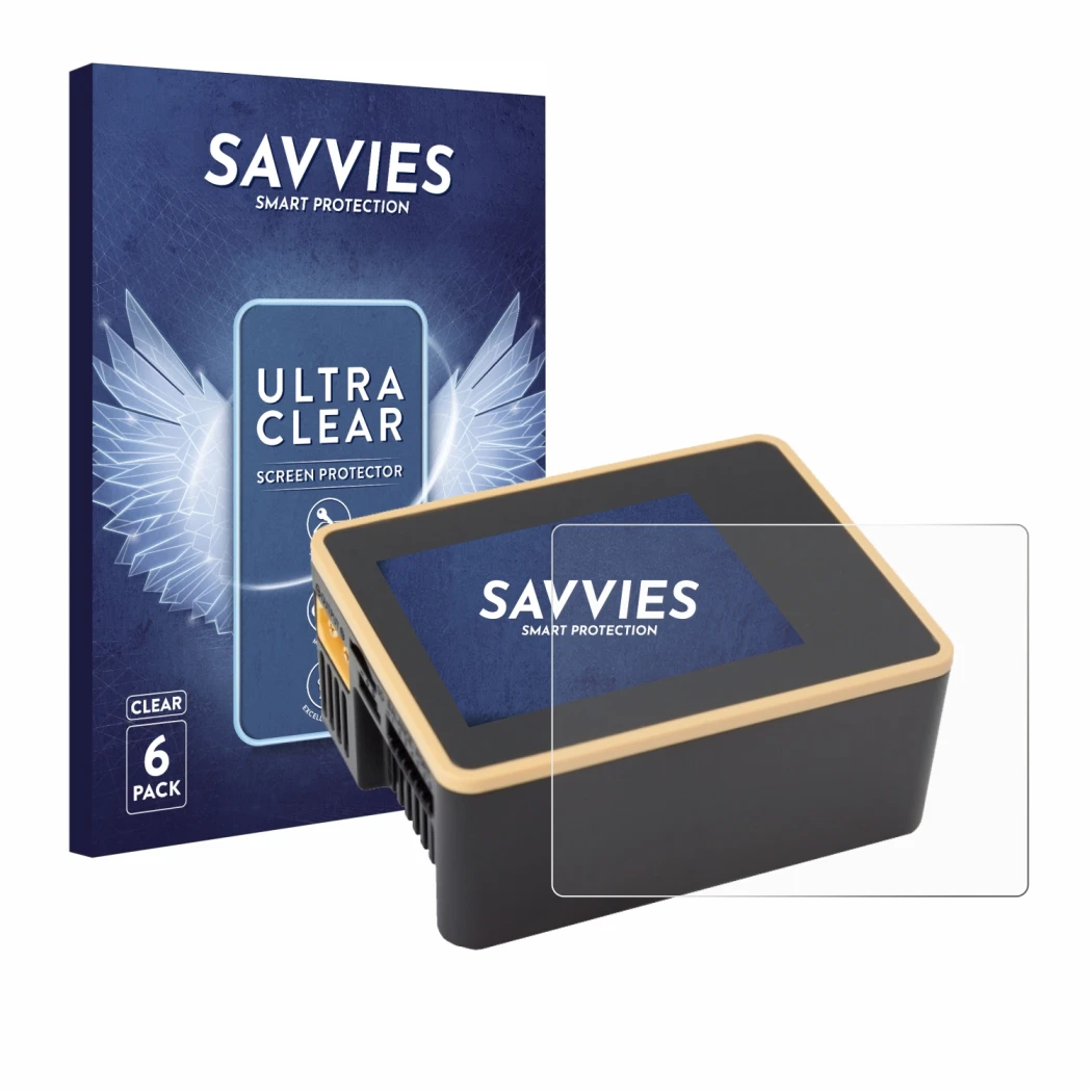 Front side of a product packaging with the brand logo Savvies. Next to it is the device Junsi iCharger X6 shown with the corre