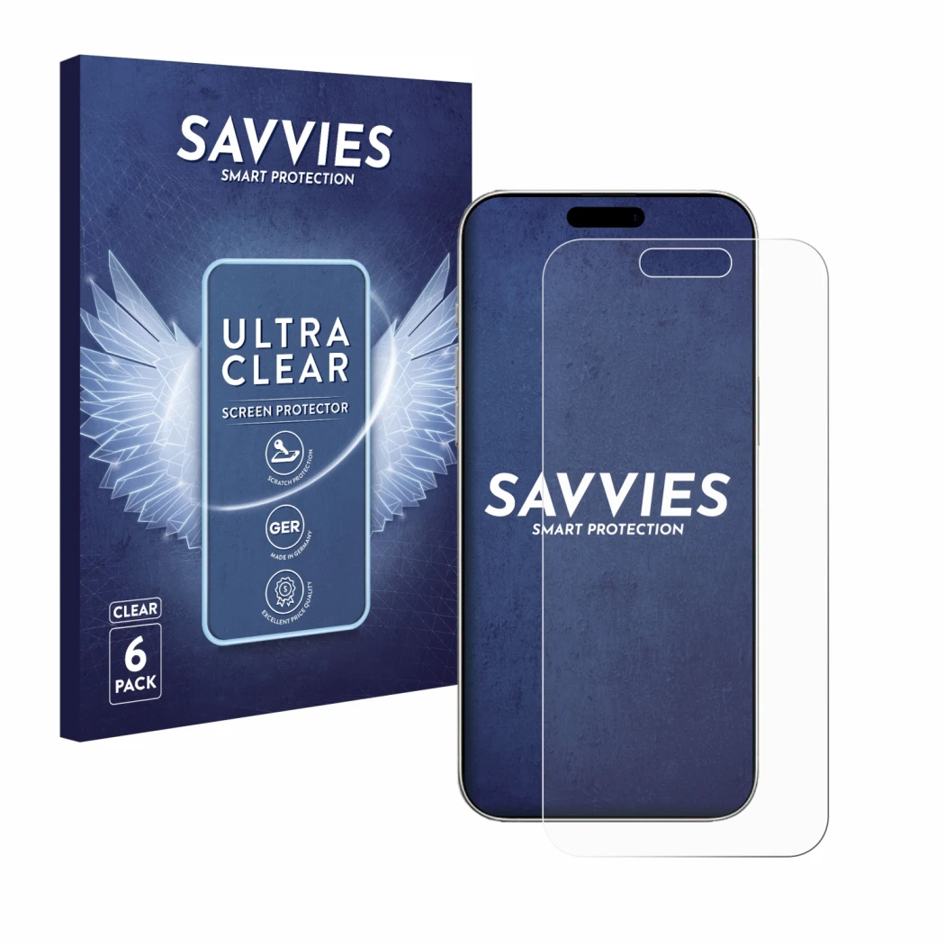 Front side of a product packaging with the brand logo Savvies. Next to it is the device Apple iPhone 16 shown with the corresp