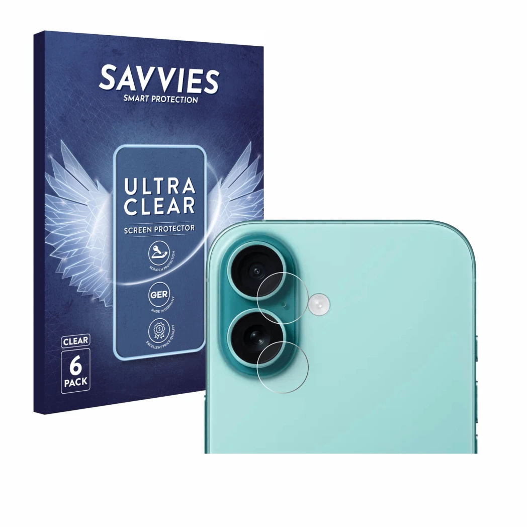 Front side of a product packaging with the brand logo Savvies. Next to it is the device Apple iPhone 16 (ONLY Camera Lens) sho