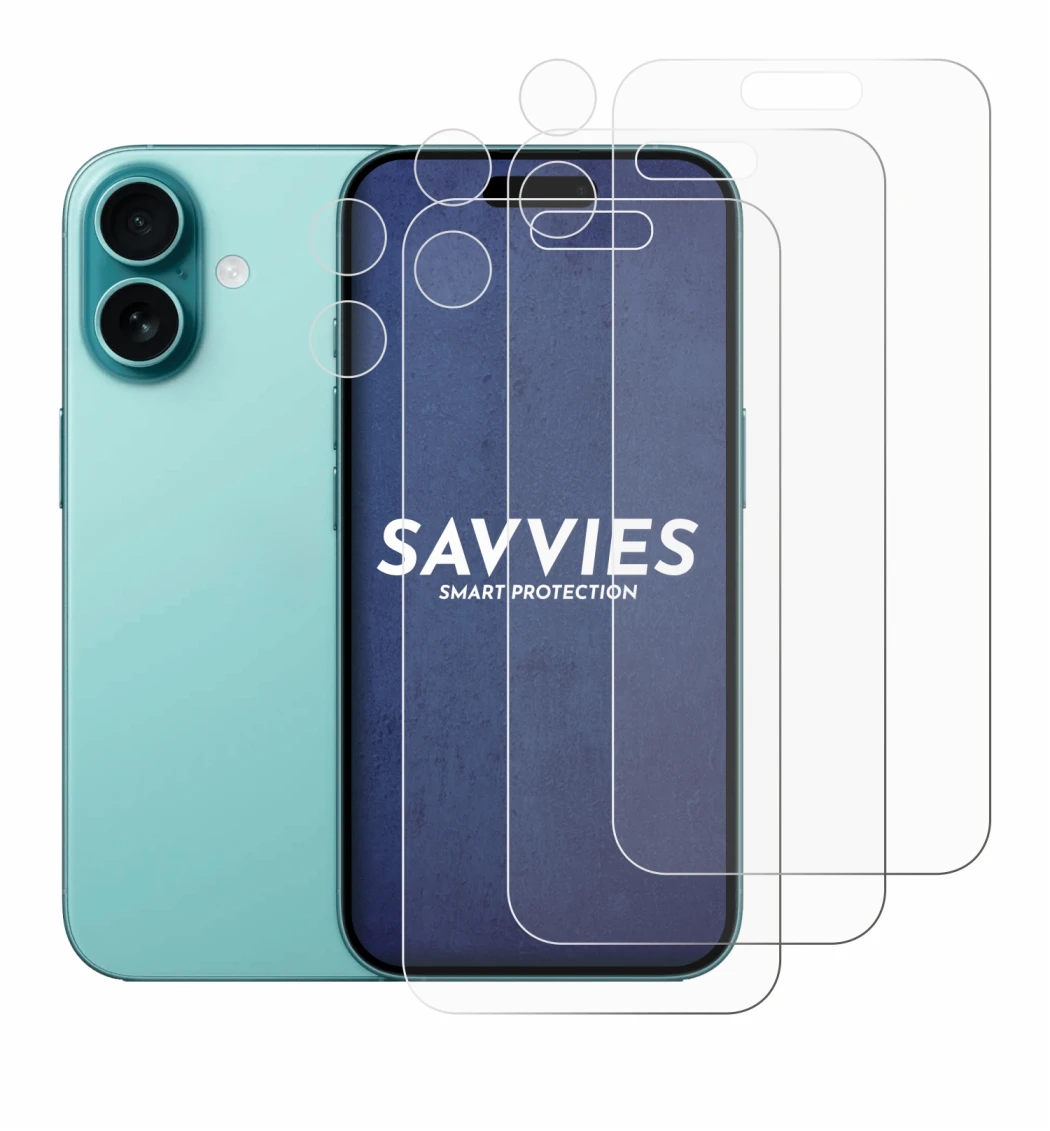 Image of the device Apple iPhone 16 (Front+Camera) with a wide variety of screen protectors.