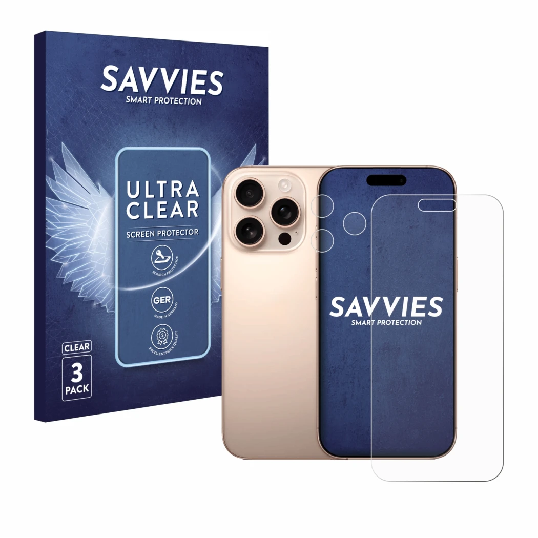 Front side of a product packaging with the brand logo Savvies. Next to it is the device Apple iPhone 16 Pro Max (Front+Camera)