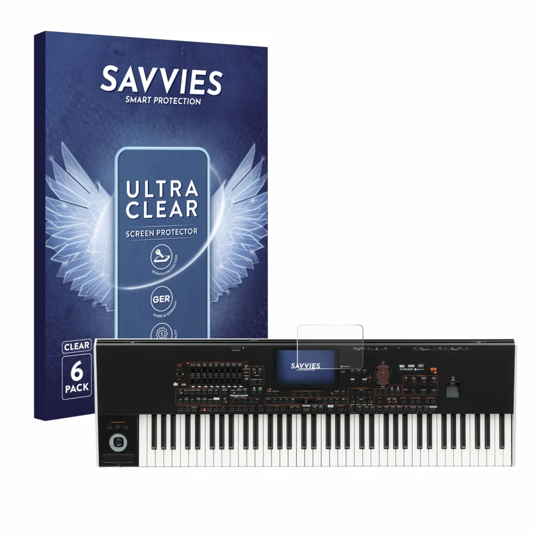 Front side of a product packaging with the brand logo Savvies. Next to it is the device KORG Pa4x shown with the corresponding