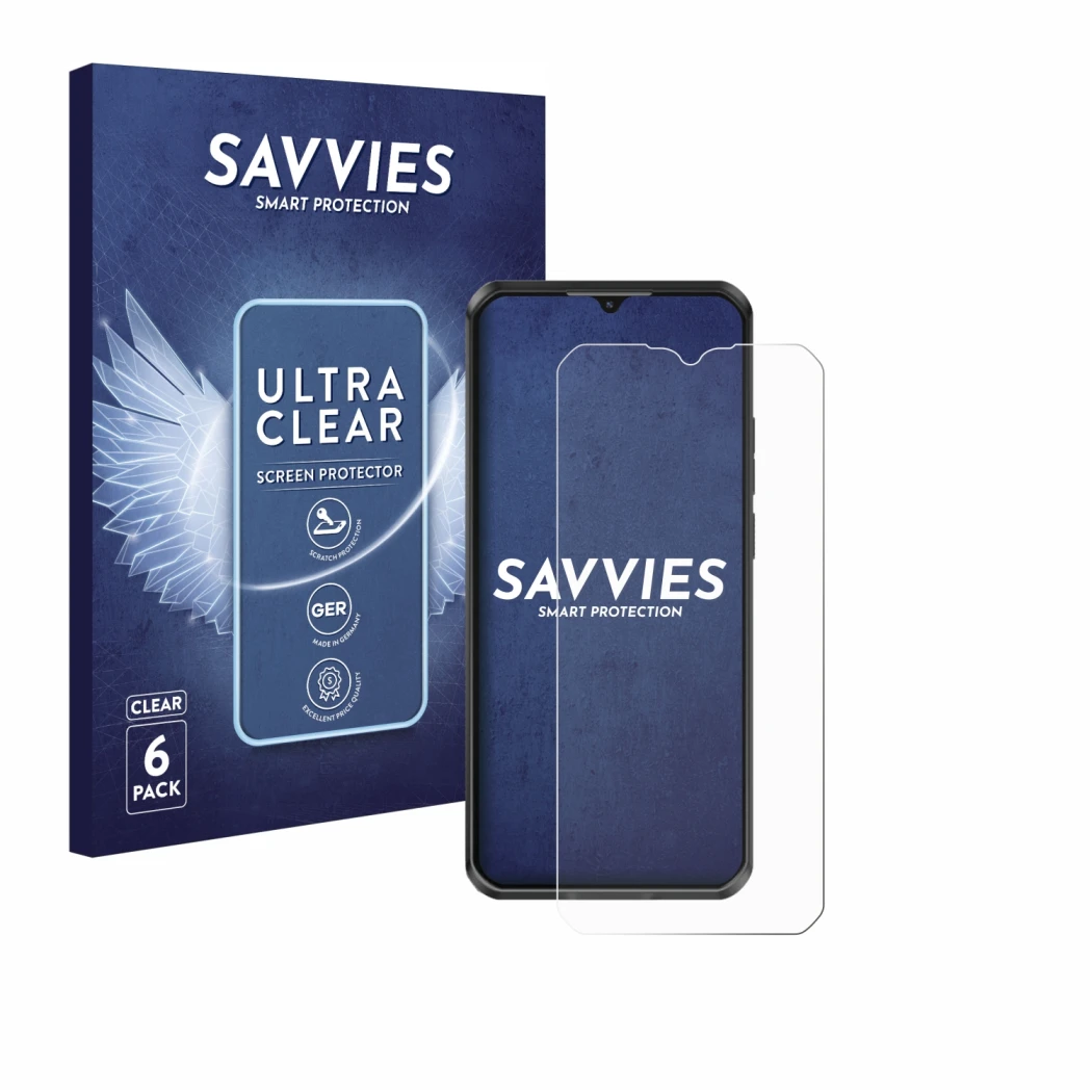 Front side of a product packaging with the brand logo Savvies. Next to it is the device Oukitel WP50 shown with the correspond