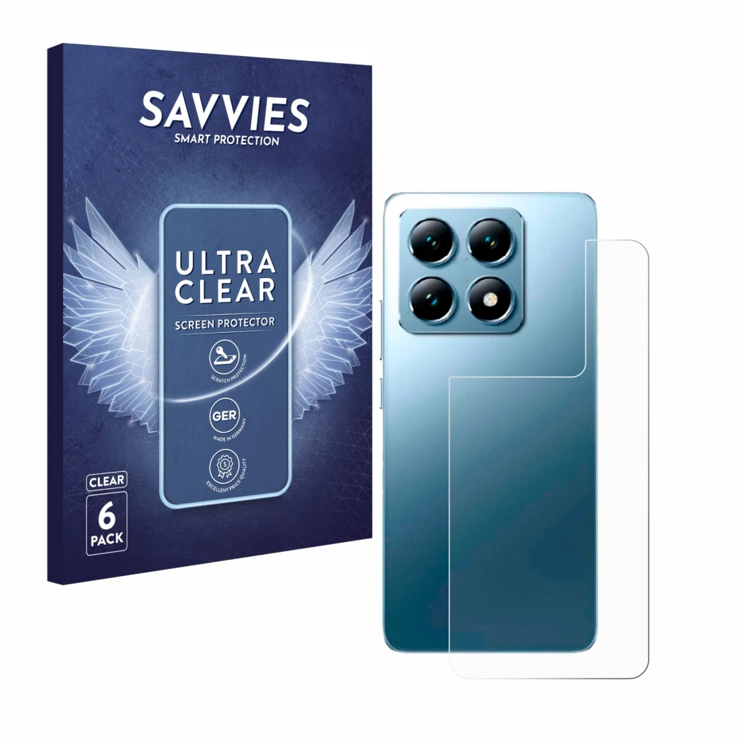 Front side of a product packaging with the brand logo Savvies. Next to it is the device Xiaomi 14T Pro (Back) shown with the c