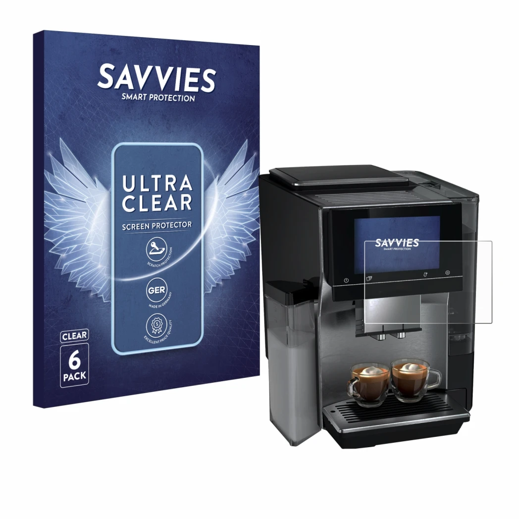 Front side of a product packaging with the brand logo Savvies. Next to it is the device Siemens EQ700 shown with the correspon