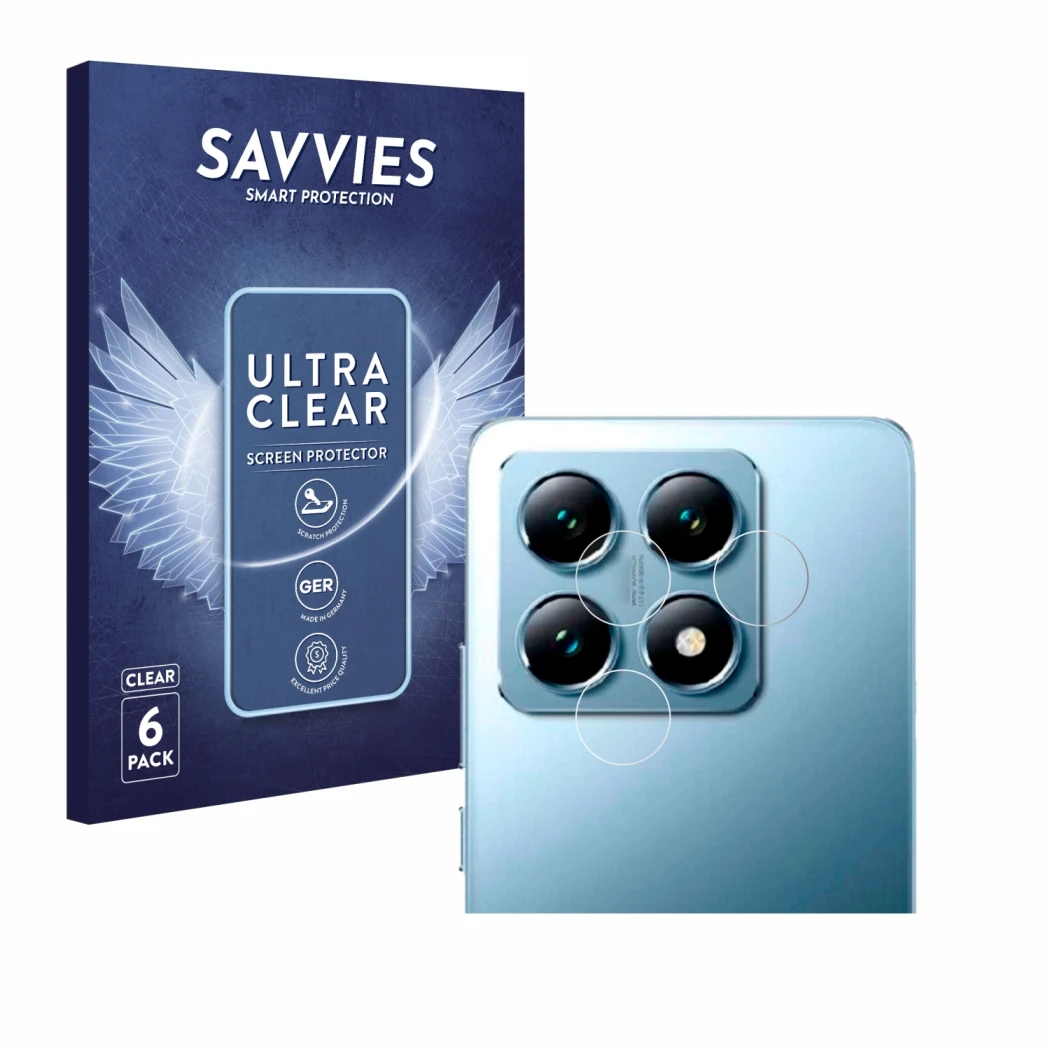 Front side of a product packaging with the brand logo Savvies. Next to it is the device Xiaomi 14T (ONLY Camera Lens) shown wi