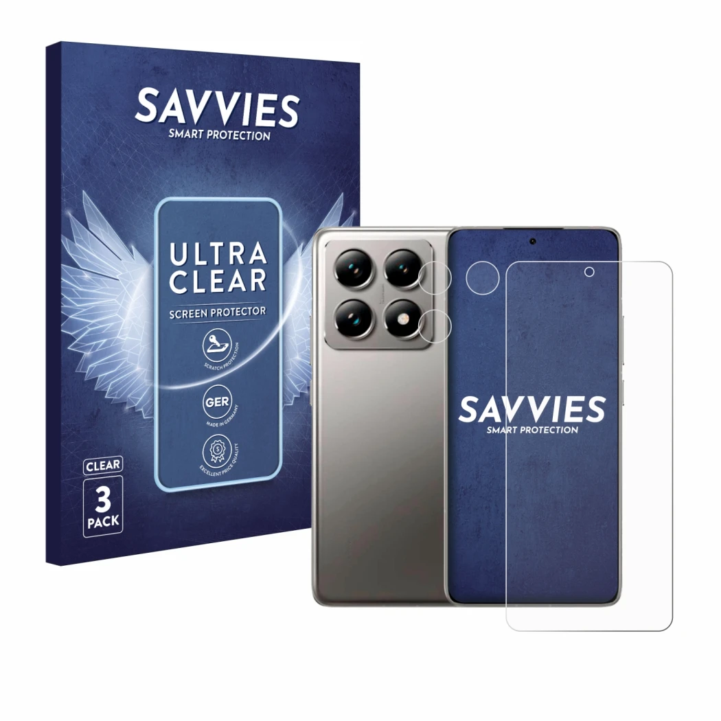 Front side of a product packaging with the brand logo Savvies. Next to it is the device Xiaomi 14T (Front+Camera) shown with t