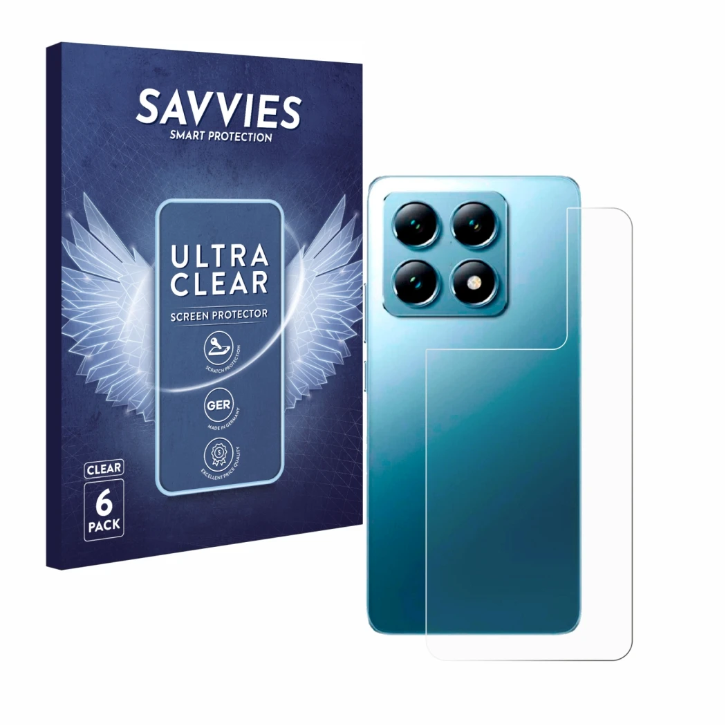 Front side of a product packaging with the brand logo Savvies. Next to it is the device Xiaomi 14T (Back) shown with the corre
