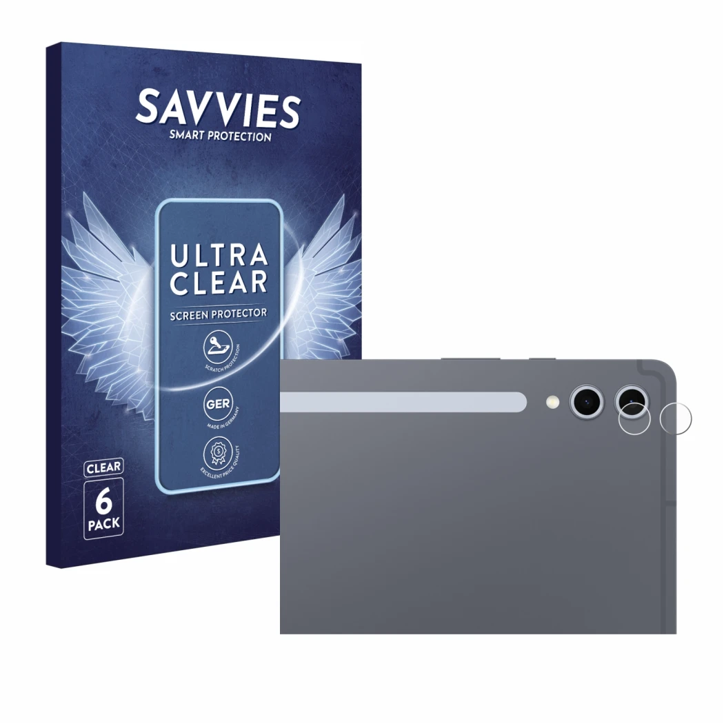 Front side of a product packaging with the brand logo Savvies. Next to it is the device Samsung Galaxy Tab S10 Plus WiFi (ONLY