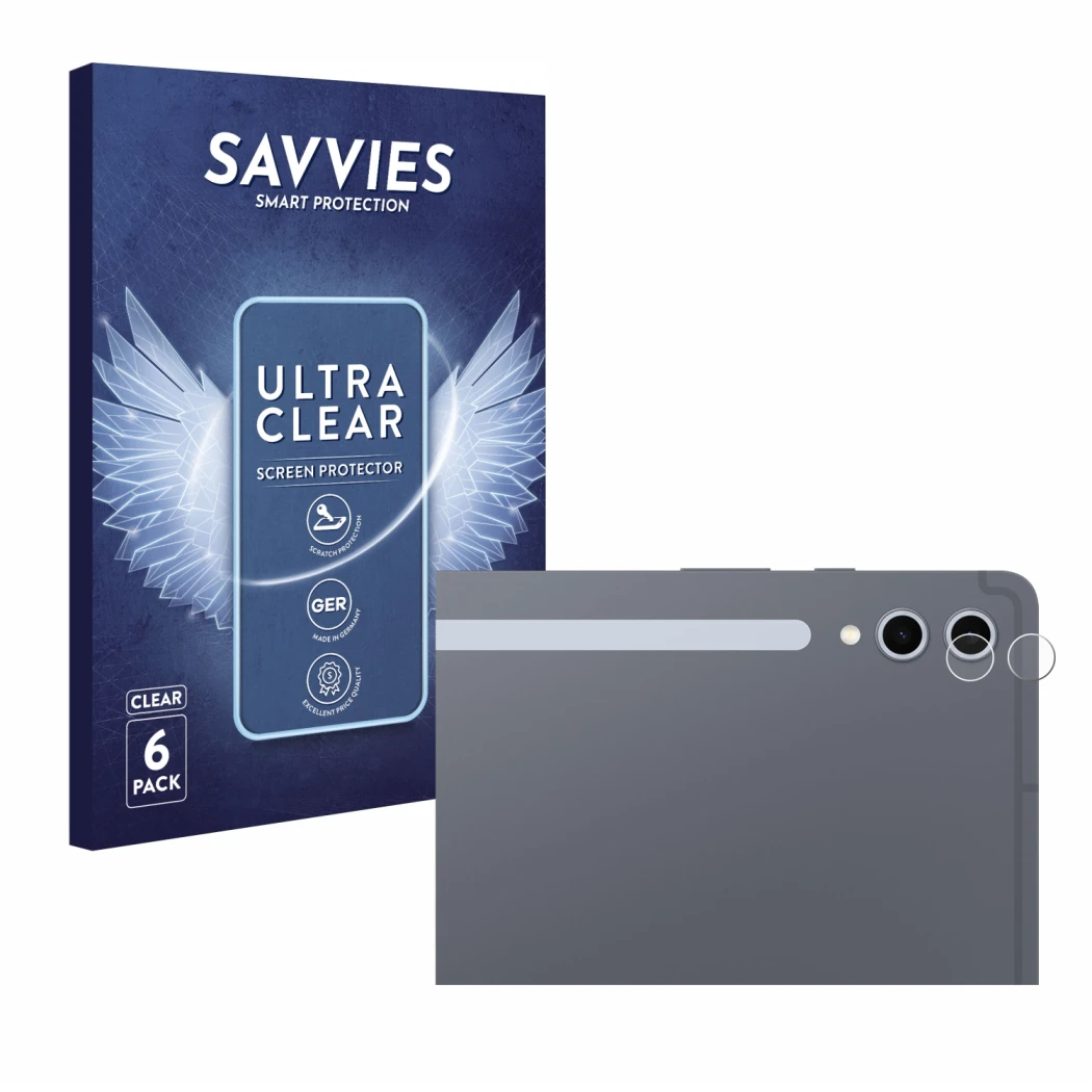 Front side of a product packaging with the brand logo Savvies. Next to it is the device Samsung Galaxy Tab S10 Ultra WiFi (ONL