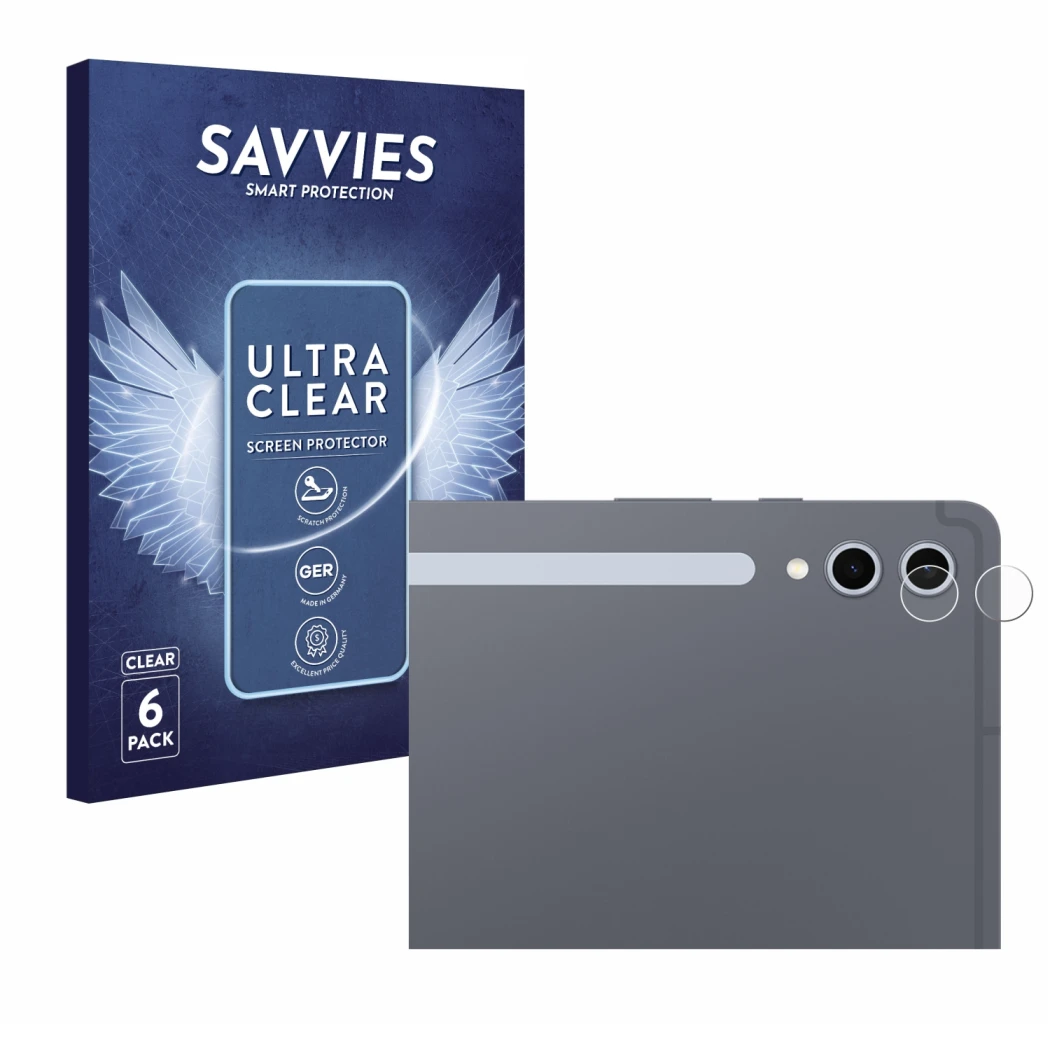 Front side of a product packaging with the brand logo Savvies. Next to it is the device Samsung Galaxy Tab S10 Plus 5G (ONLY C