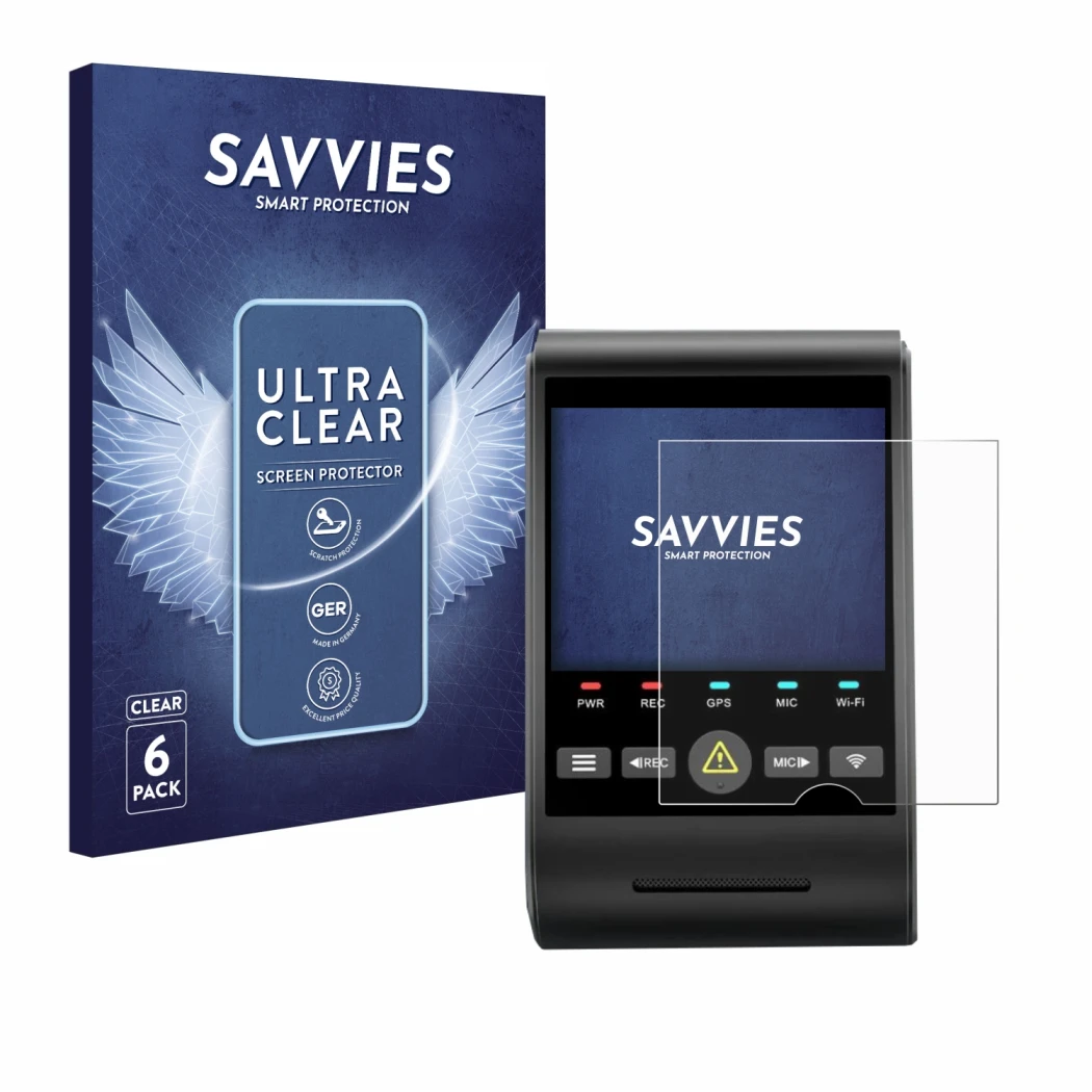 Front side of a product packaging with the brand logo Savvies. Next to it is the device VIOFO A229 PRO shown with the correspo