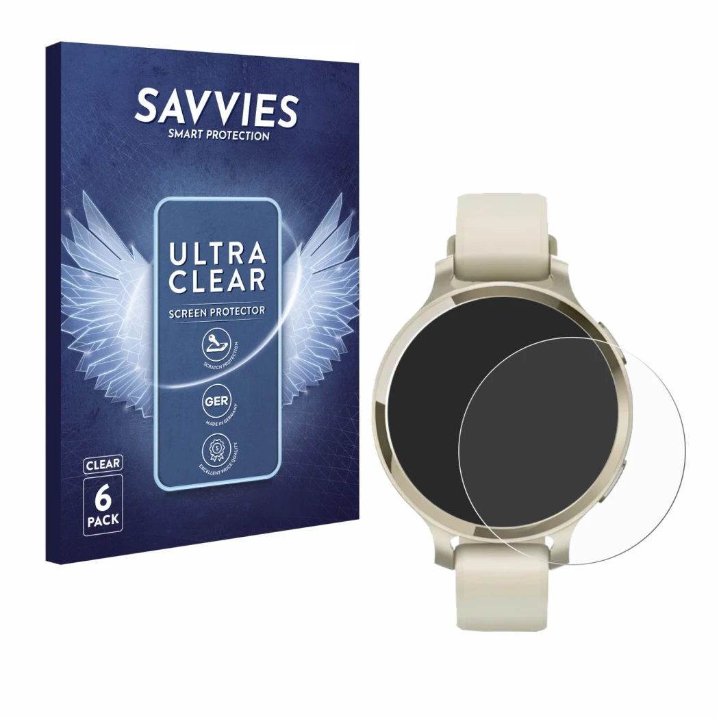 Front side of a product packaging with the brand logo Savvies. Next to it is the device Garmin Lily 2 Active shown with the co
