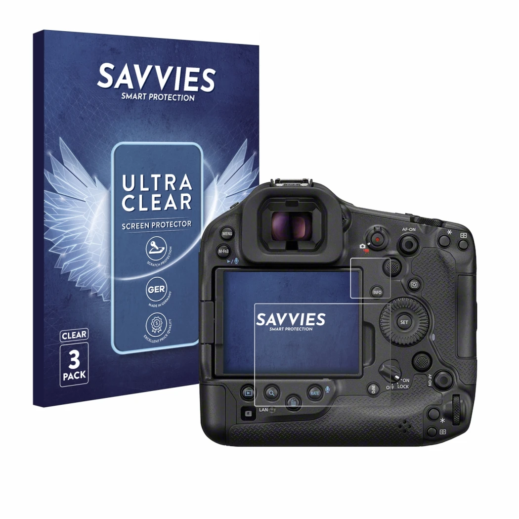 Front side of a product packaging with the brand logo Savvies. Next to it is the device Canon EOS R1 shown with the correspond