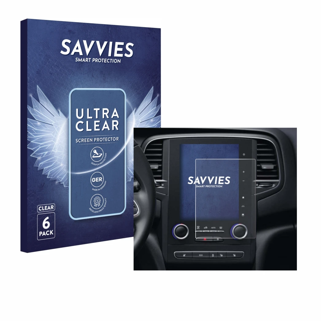 Front side of a product packaging with the brand logo Savvies. Next to it is the device Renault Scenic IV RLINK-2 2018 shown w