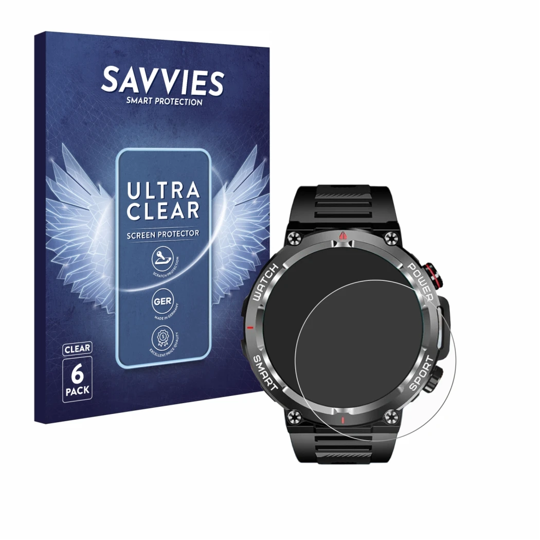 Front side of a product packaging with the brand logo Savvies. Next to it is the device Blackview W50 1.39