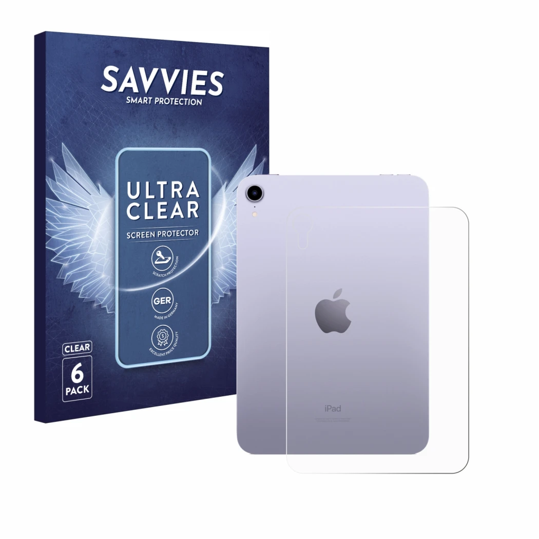 Front side of a product packaging with the brand logo Savvies. Next to it is the device Apple iPad Mini 7 2024 (Back) shown wi