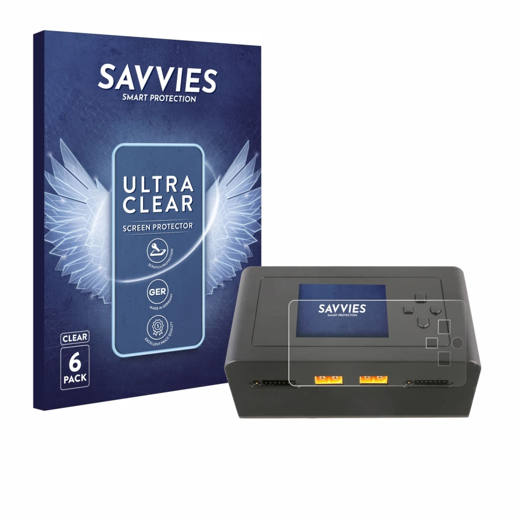 Front side of a product packaging with the brand logo Savvies. Next to it is the device Gens Ace IMARS D300 shown with the cor