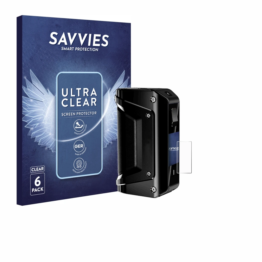 Front side of a product packaging with the brand logo Savvies. Next to it is the device geekvape Aegis 3 shown with the corres