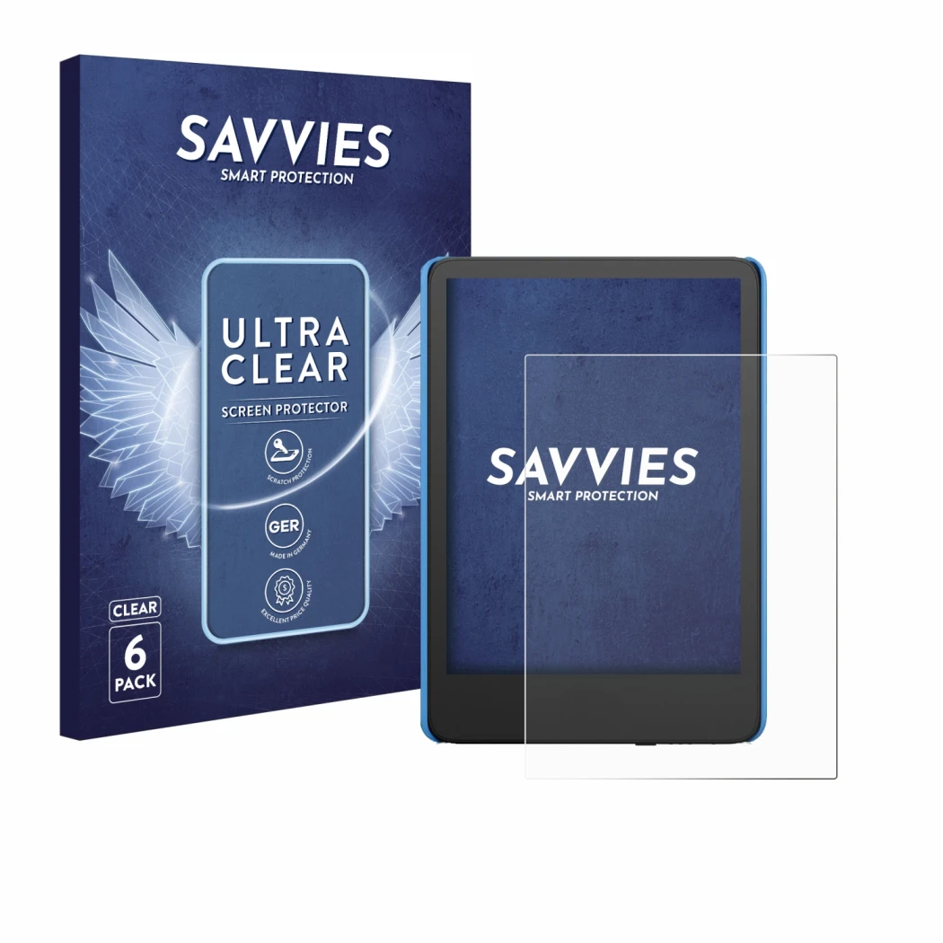 Front side of a product packaging with the brand logo Savvies. Next to it is the device Amazon Kindle Kids (2024) shown with t